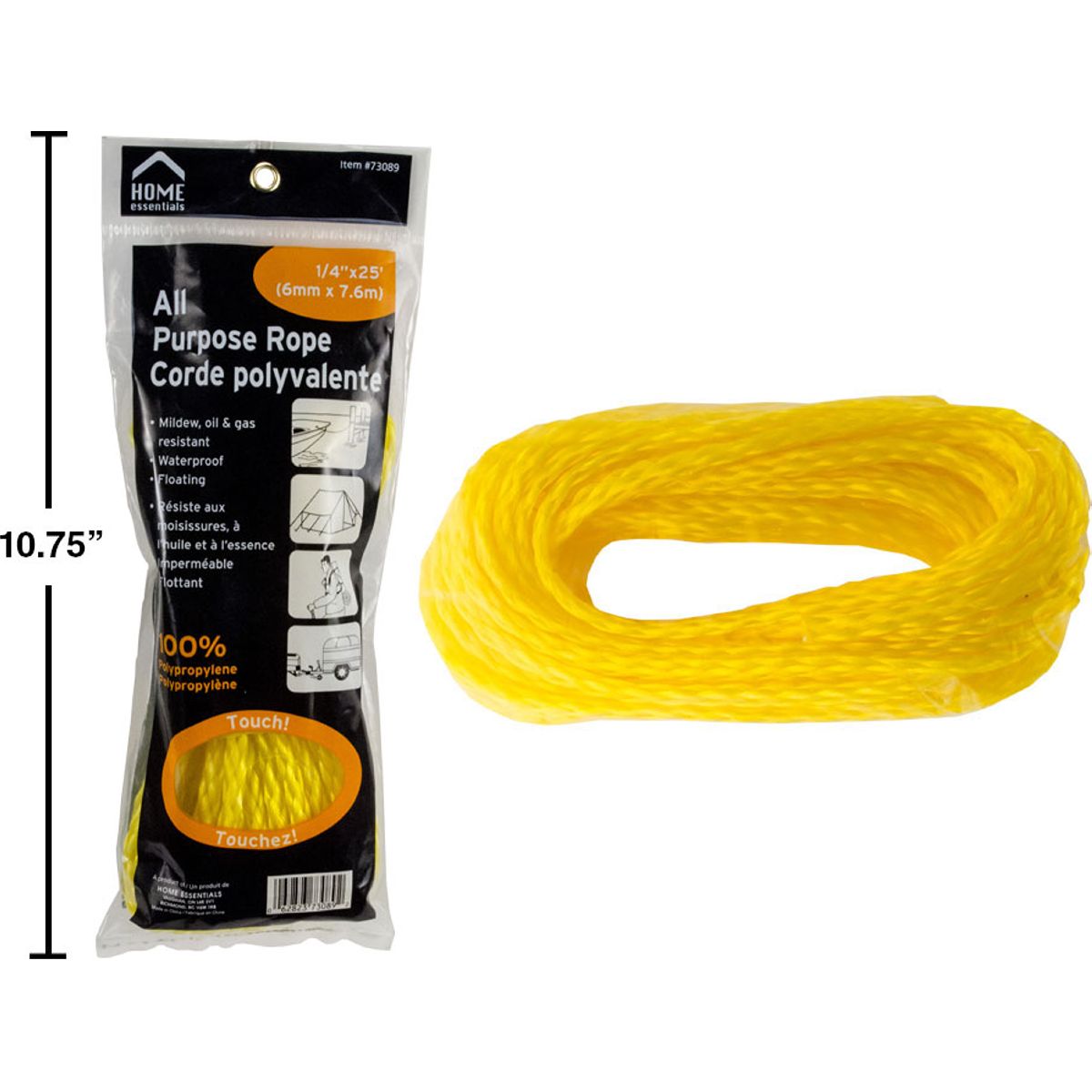 Cuerda soga multiusos, 1/4 "x 25 ', amarilla, bolsa de polietileno impresa con ojal