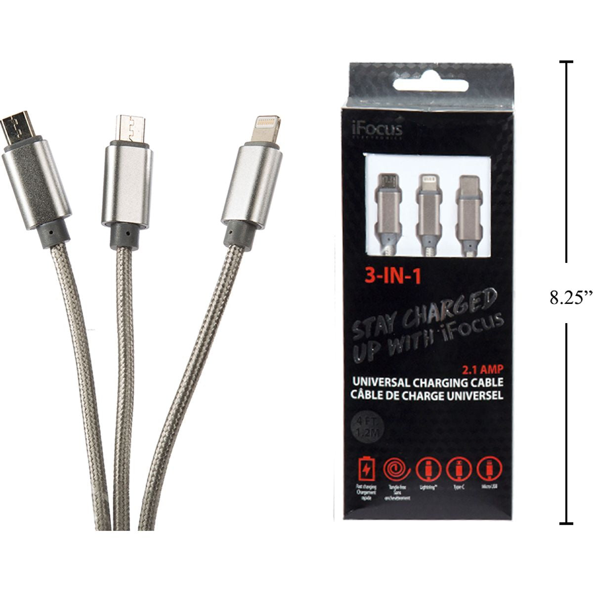 iFocus, cable de carga y sincronización 3 en 1 de 1,2 M, plateado, bandeja cbx +