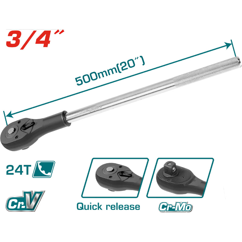 Mango Ratchet con liberación rápida. 3/4" Cr.Mo. 500 mm (20") 24T.