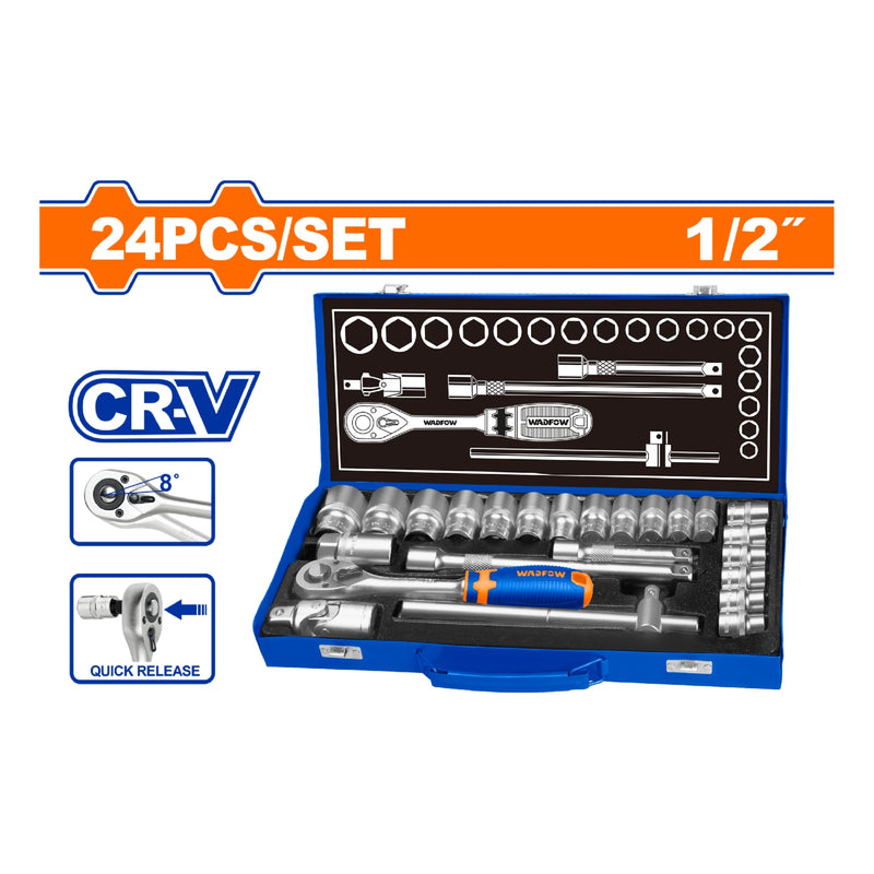 Socket ratchet 1/2". Set de 24 piezas. Cr-V. Incluye: Sockets,Barras de extensión, Barra T. Térmico. 24 dados
