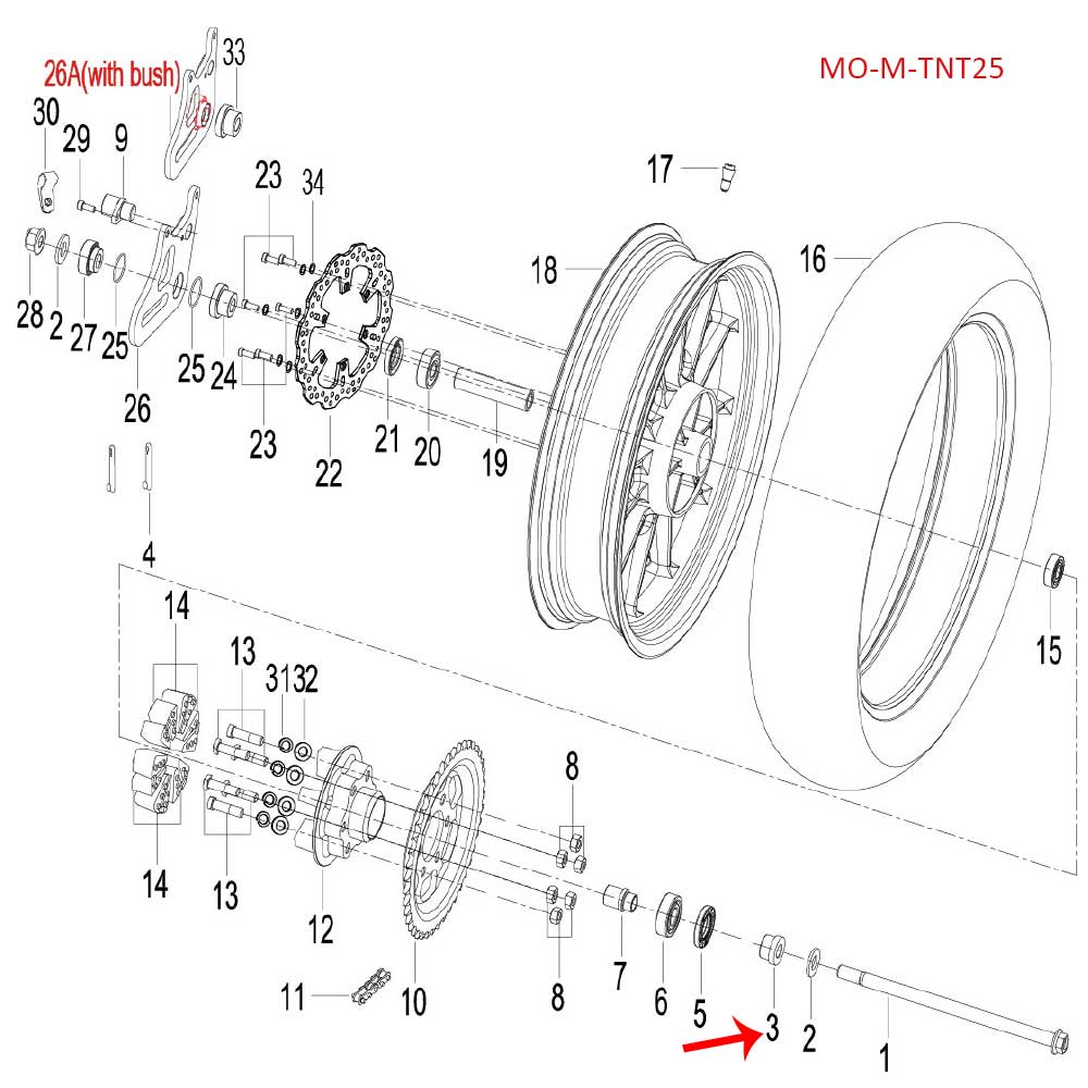 Buje izquierdo de rueda trasera (LEONCINO250 / TNT25 / TRK251)