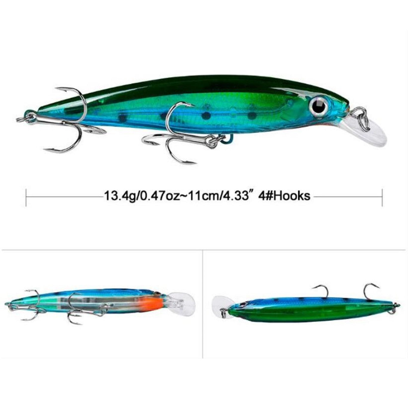 Señuelo Minnow verde anzuelo triple 11 cm.