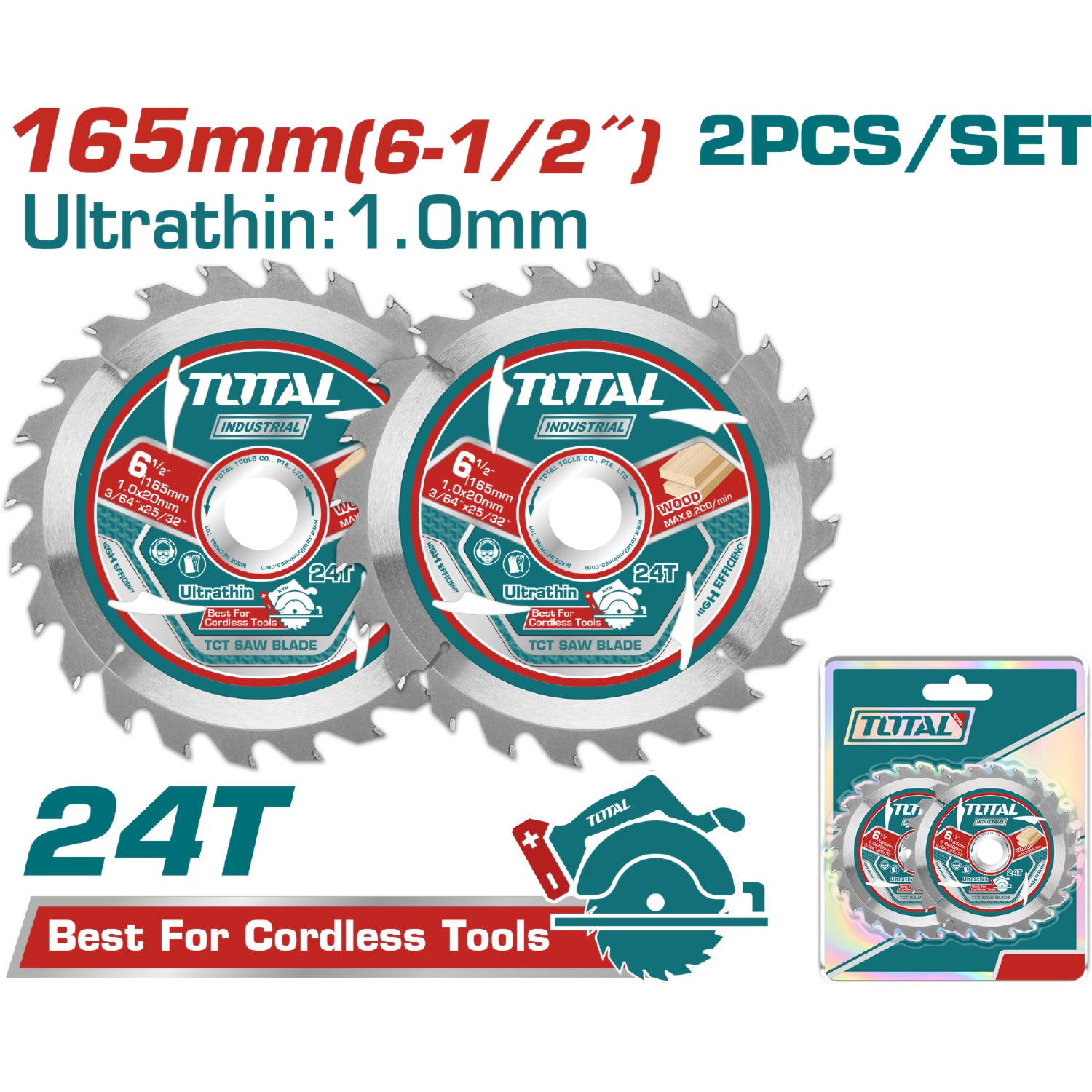 Discos 6 1/2" Sierras Ultra Fina 1.0mm TCT 165mm 24T Set de 2 piezas. Uso Madera. Sierra circular.
