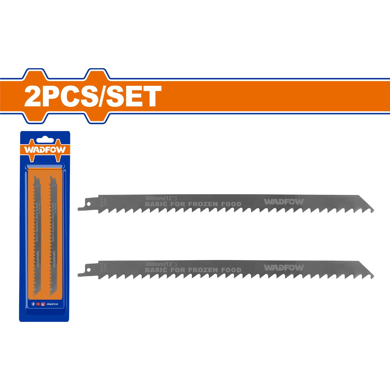 Hojas de sierra sable para alimentos congelados 300mm(12") 3TPI. Material: Inoxidable.