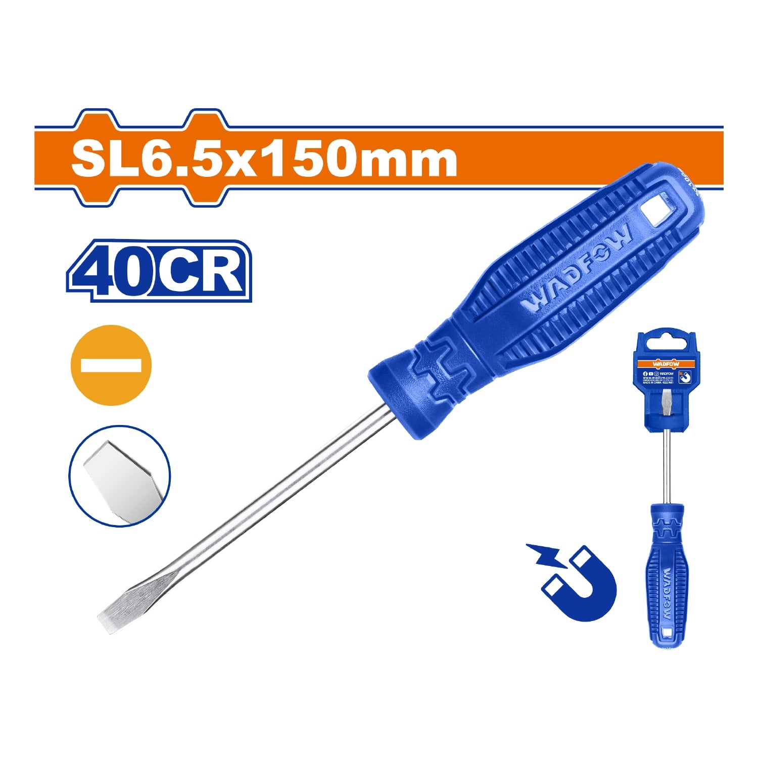 Destornillador Plano 6.5x100mm Tipo de punta:SL Vástago Redondo 40CR Magnético.