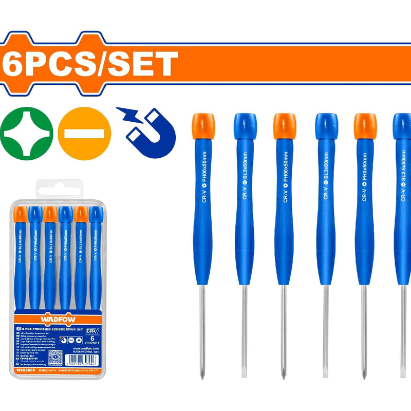 Destornilladores de precisión. Cr-V. Magnético. Punta plana y Punta estrella. Incluye 6 piezas.