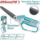 Tijera de 10" de Acero Inoxidable. Ancho de la hoja: 3.6mm. Ergonómica. Corta plástico y cartón.