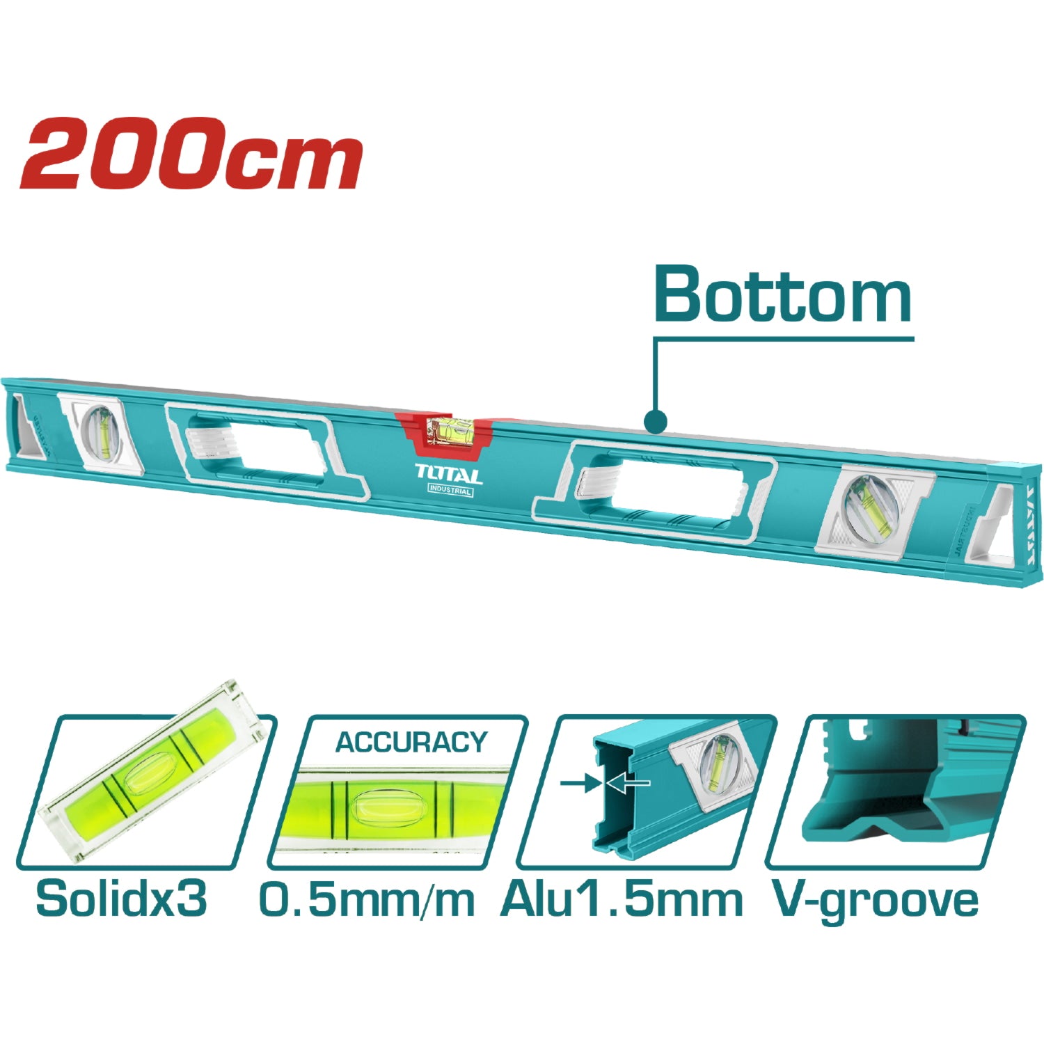 Nivel de Burbuja de 200 cm. Espesor del Aluminio 1.5mm. Alta Calidad. Alta Precisión.