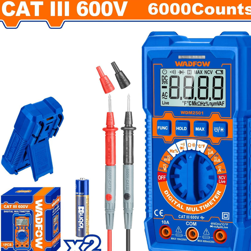 Multímetro Digital 6000 dígitos. CATIII 600V. Medición de temperatura. Rango automático.