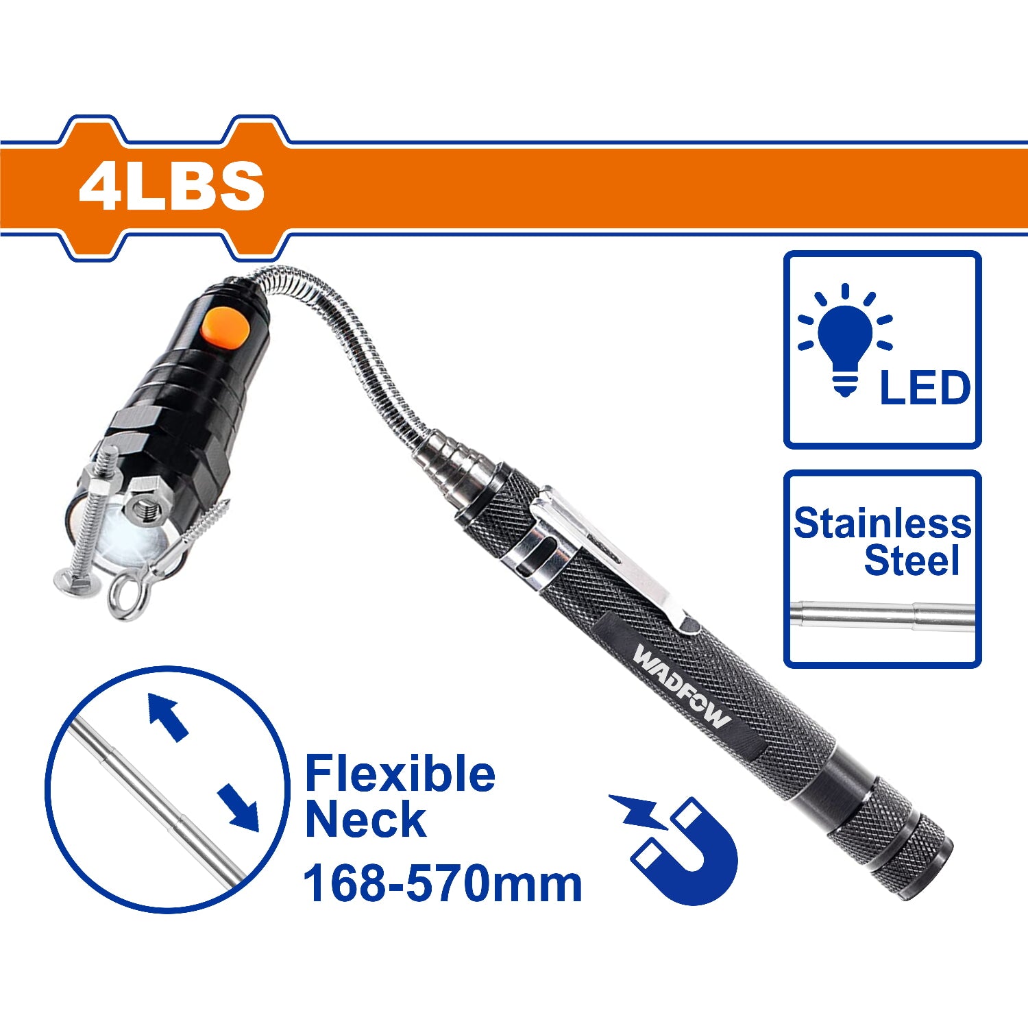 Recogedor Cuello Flexible Magnético con 3 LED ultra brillante. 168-570mm. Cuerpo de Aluminio.