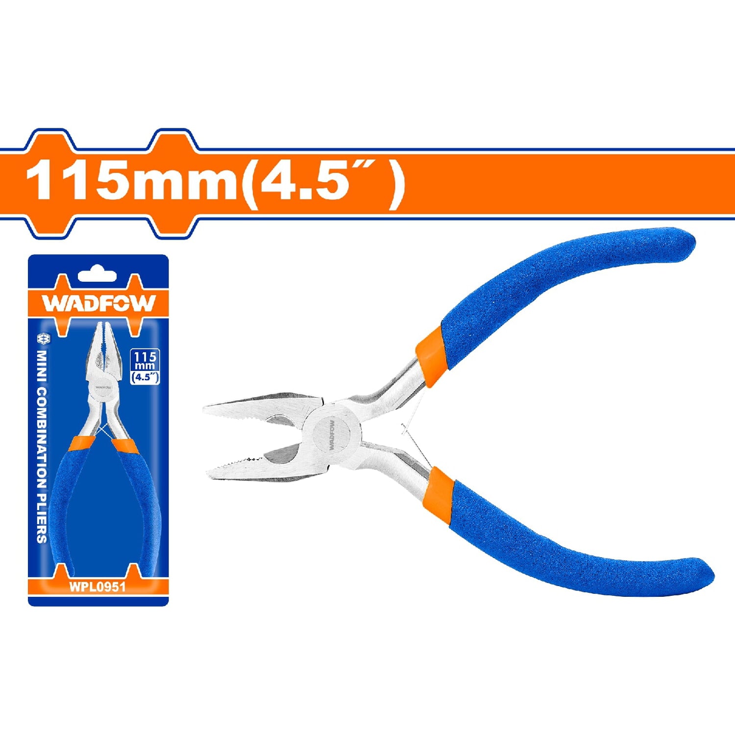 Mini alicate de combinación 115mm(4.5") Pulido y antióxido. Con mango de plástico.