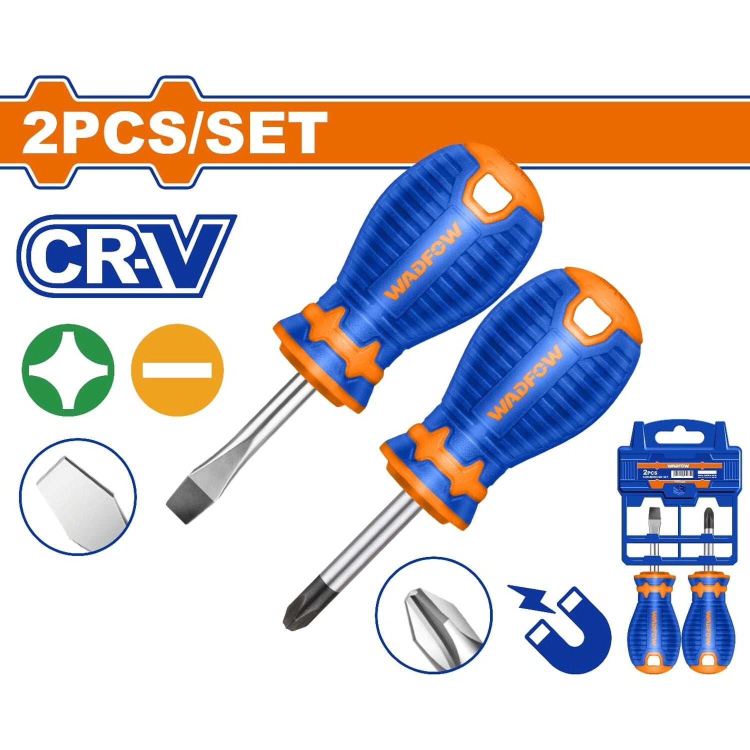 Destornilladores cortos 38mm. Punta Plana SL6.5 y Estrella PH2. CR-V. Magnético. Set 2 pzs.