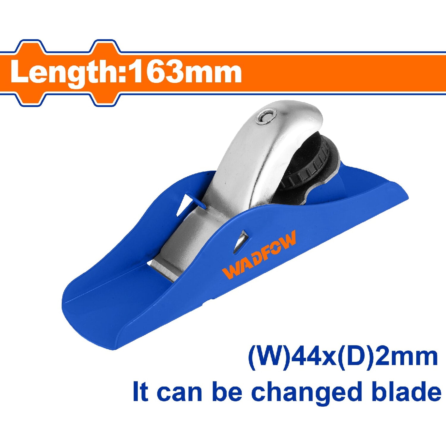 Cepillo de madera de acero. Longitud: 163mm. Cuchilla de 65MN. Ancho de cepillado: 44mm