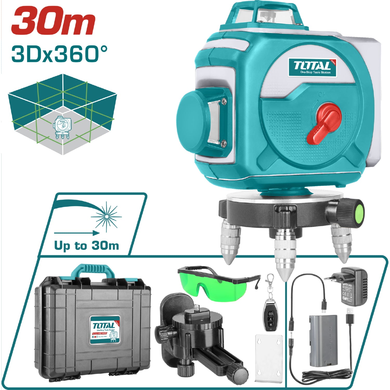 Kit Nivel Láser Autonivelante (Láser Verde). Rango de Trabajo: 0-30 m. Tres Planos 360° 3D