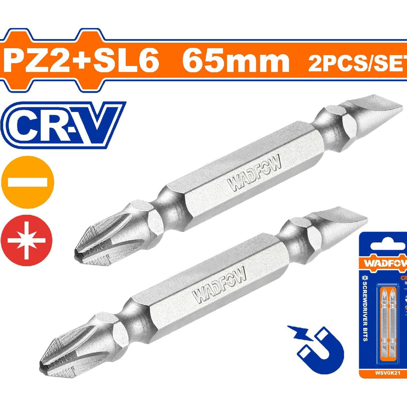 Puntas de destornillador PZ2+SL6 65mm.CR-V. Set 2 pzas. Punta magnética. Tipo Pozidrive y Plano.