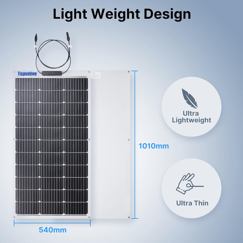 Panel solar de 100W, monocristalino flexible, ultradelgado, para RV, barcos o autos.