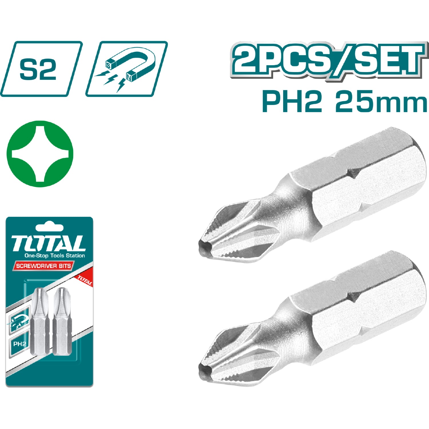 Puntas de destornillador Estrella PH2. (Set 2 piezas,25 mm,S2).Punta magnética.