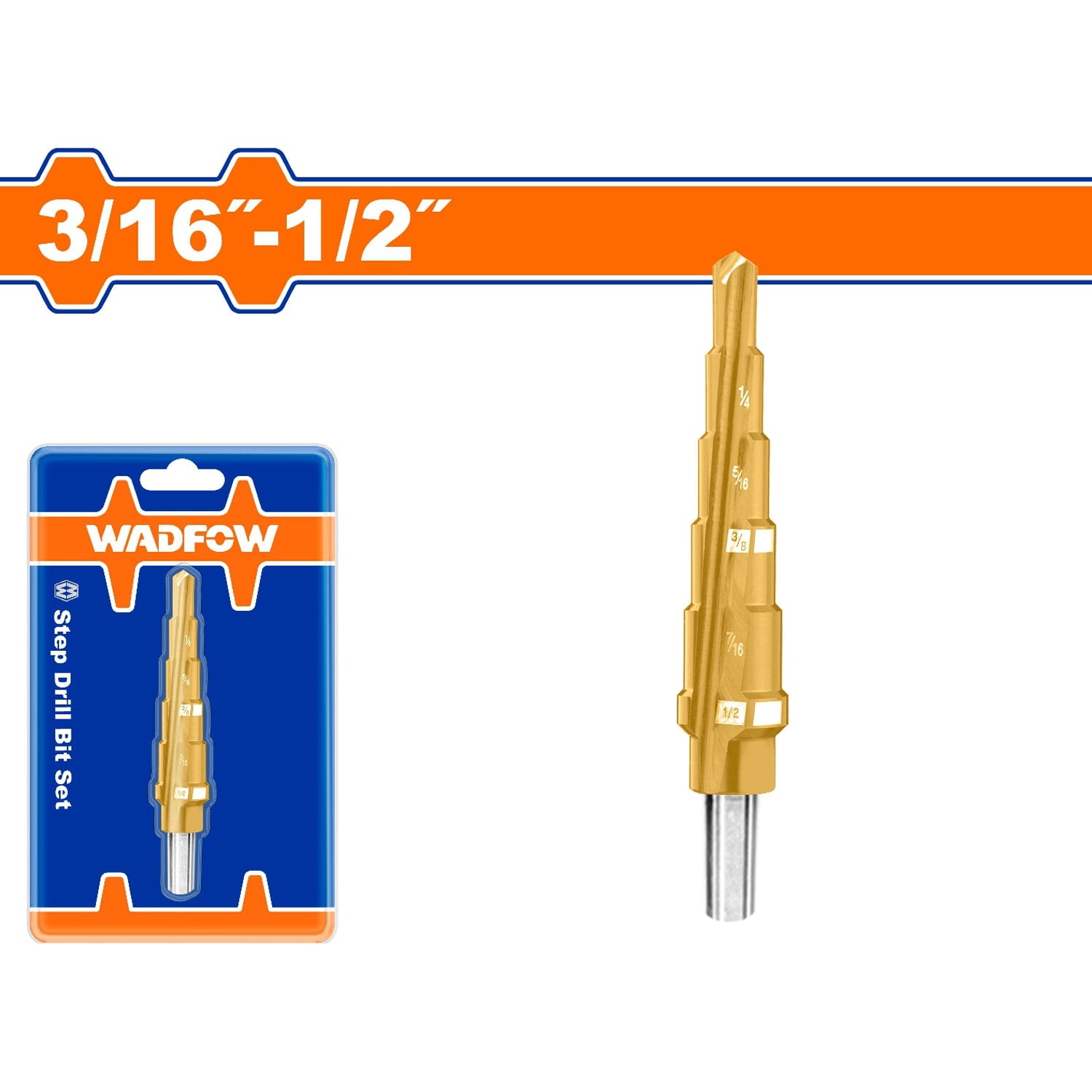 Broca escalonada 3/16"-1/2". Diámetro de vástago: 1/4". Pasos: 1/16".