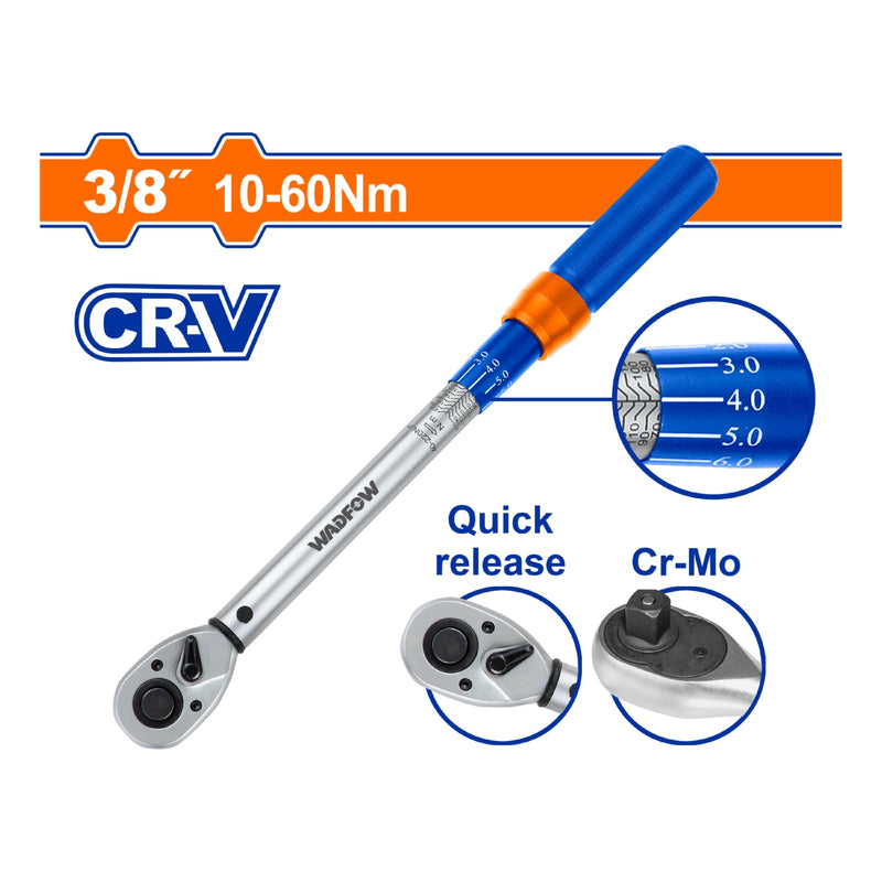 Torquímetro 3/8" 10 - 60Nm. Cr-V. Liberación rápida. Cr-Mo. Long: 305mm. Tolerancia de torque: ±4%