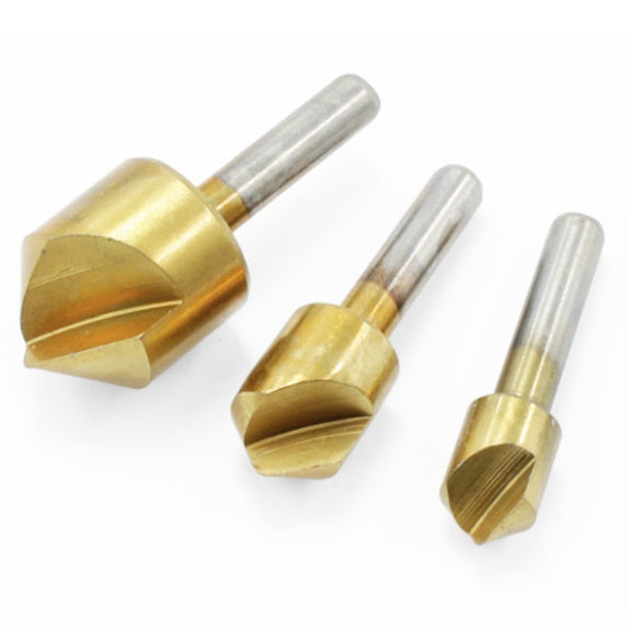 Juego de 3 brocas para avellanar angulo 90 grados. Vastago 6mm. Revestidas en titanio.