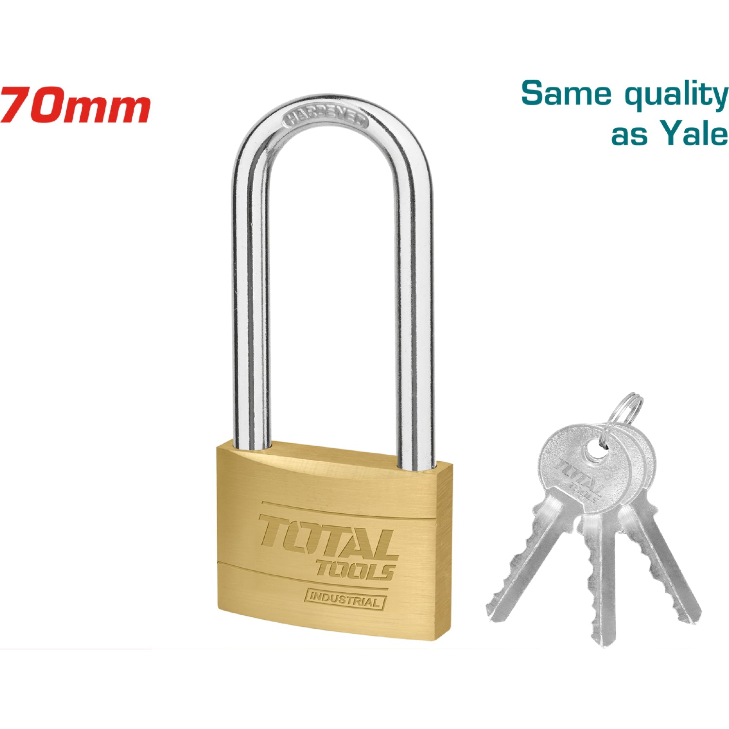 Candado de latón extra largo estándar 70mm. Calidad Yale. Incluye 3 llaves.