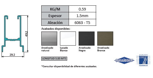 Perfil de Hoja Central - Campana Acople 4 hojas. Ventana Corredera VC. Largo de 5.85 mts. Acabado an