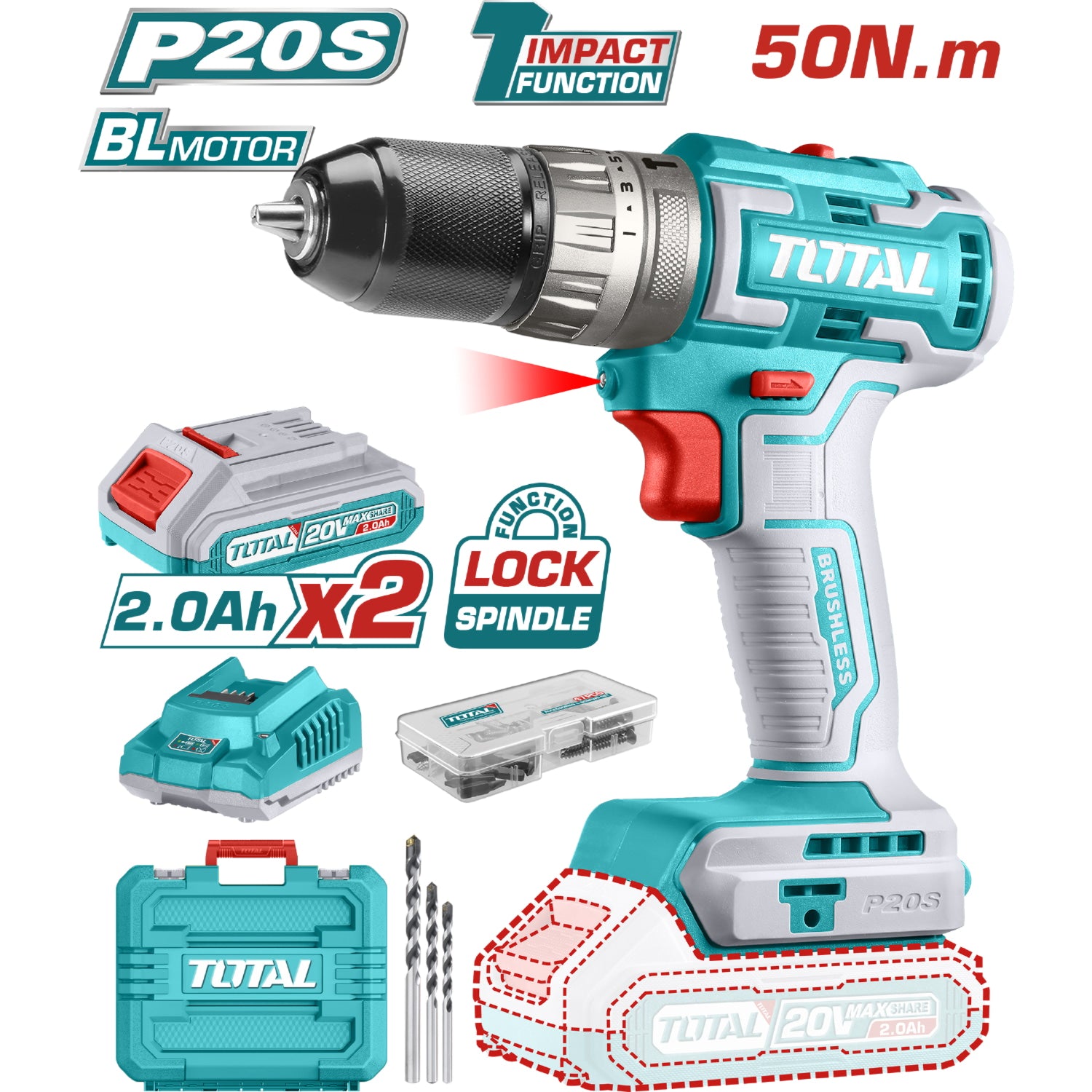 Drill Taladro inalámbrico 3/8" 20V de impacto (Sin escobillas) Incluye batería y cargador.