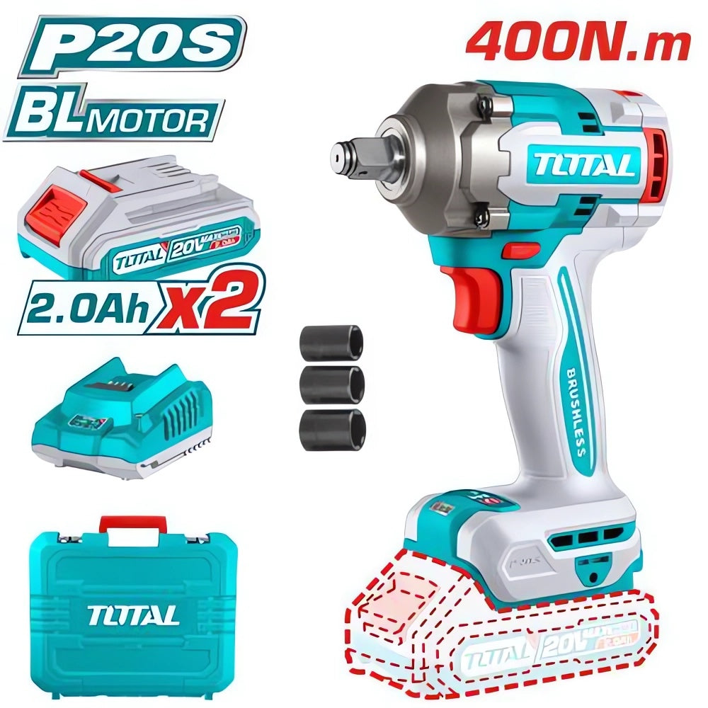 Llave impacto dado cuadrado 1/2" 20V. Brushless sin escobillas. 400Nm. 2 baterías y 1 cargador.
