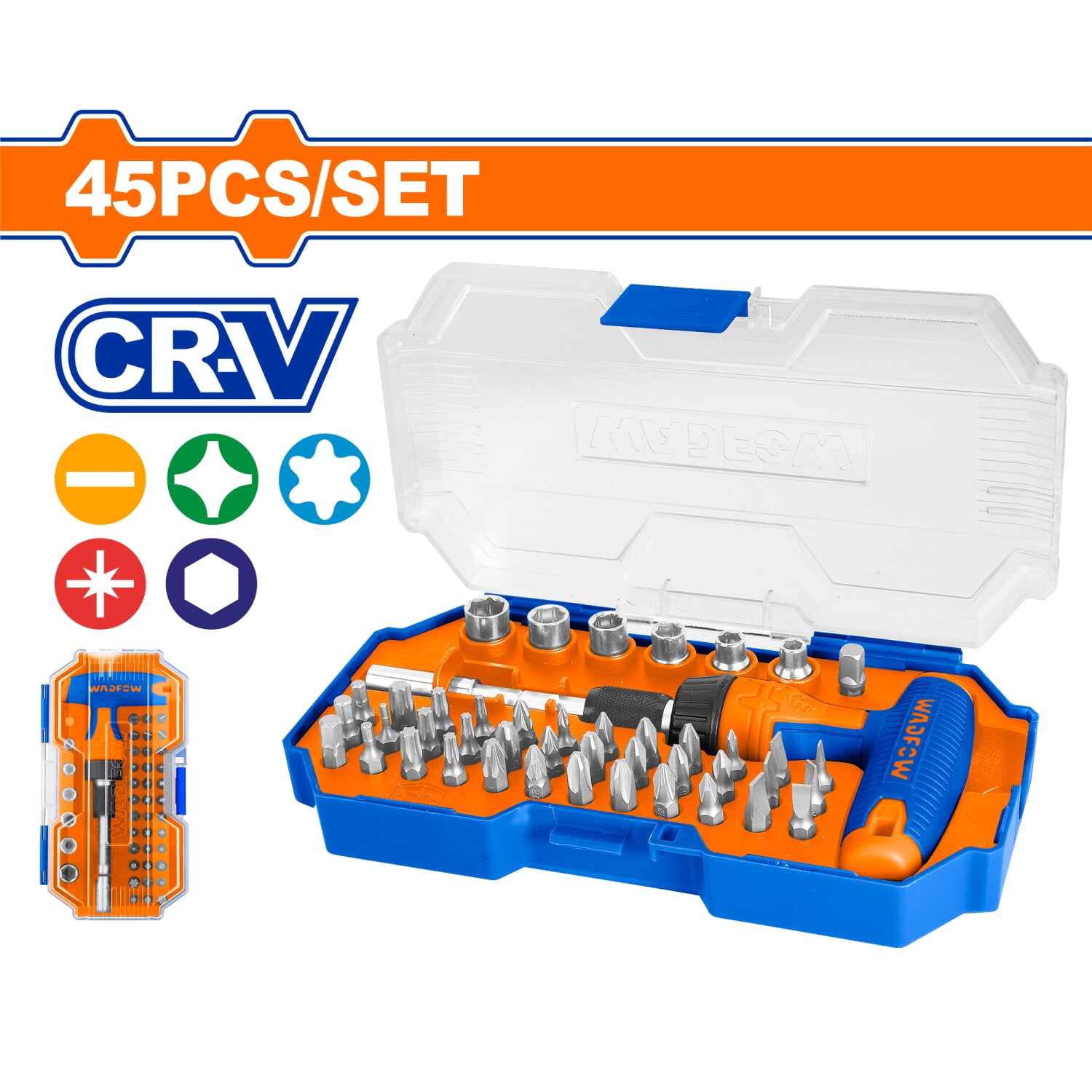 Portapuntas para Llave de Impacto en T. 45 piezas. Cr-V. Incluye: Puntas, adaptador y mango