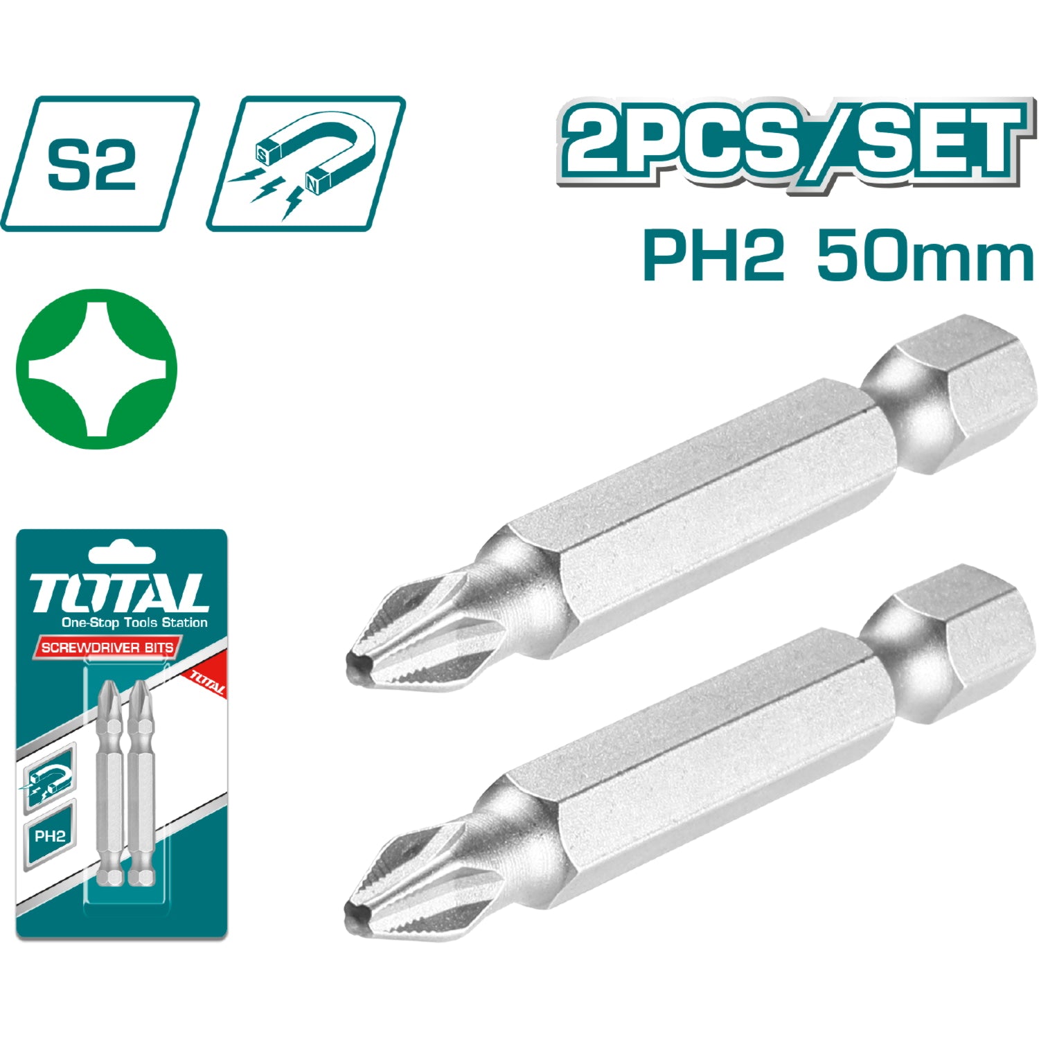 Puntas de destornillador Estrella PH2. (Set 2 piezas,50 mm,S2).Punta magnética.