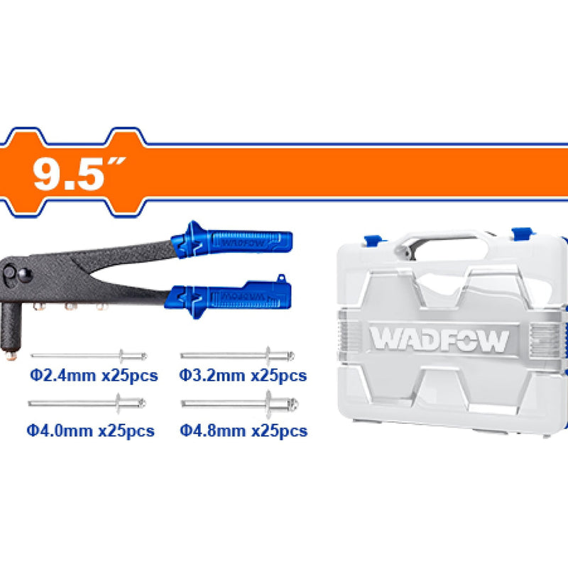 Remachadora Manual de 9.5" y remaches Compatibles(2.4mm,3.2mm,4mm,4.8mm) (Kit 101 pzs) en estuche