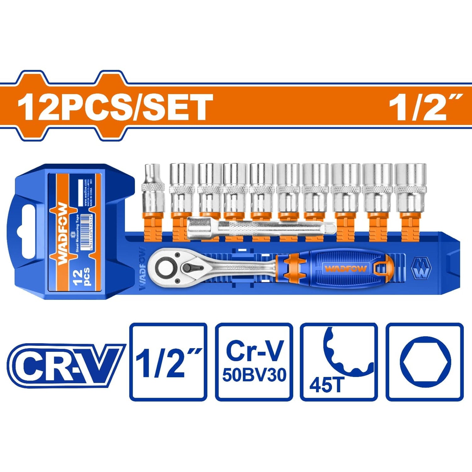 Dados socket ratchet 1/2" 12 pzs. CR-V. 45 dientes. (Incluye: socket, barra de extensión) Cromado (Set)