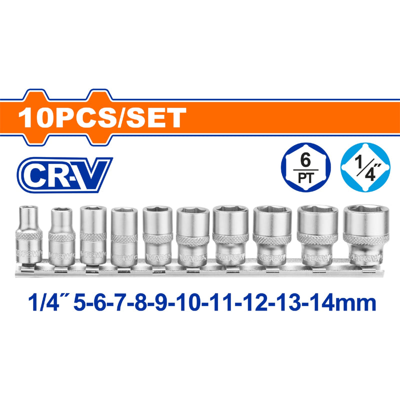 Dados Socket 1/4". 10 piezas. 5-14mm. Acero Cr-V. Cromado. Se vende en Set.