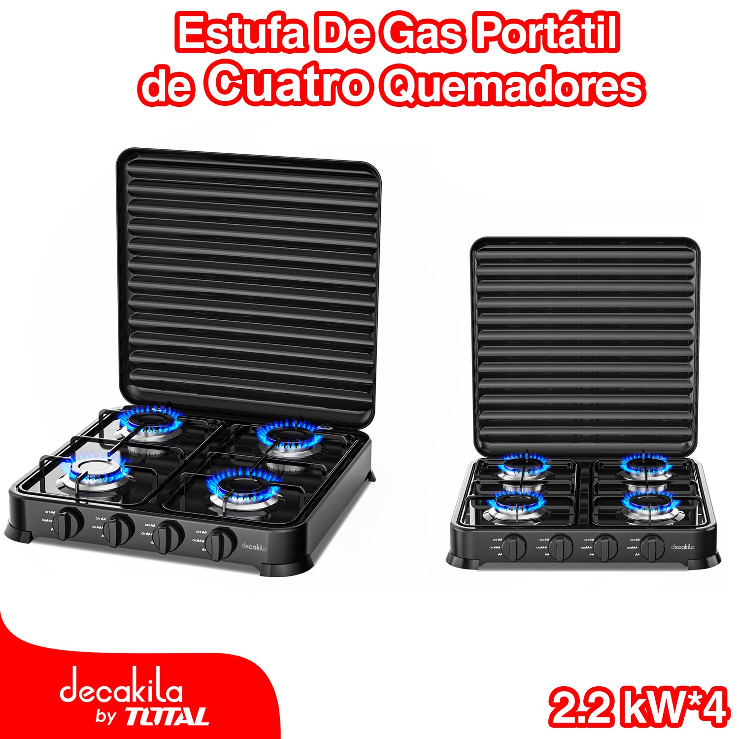 Estufa de gas portátil de cuatro quemadores, 2.2Kw cubierta de hierro antideslizante.