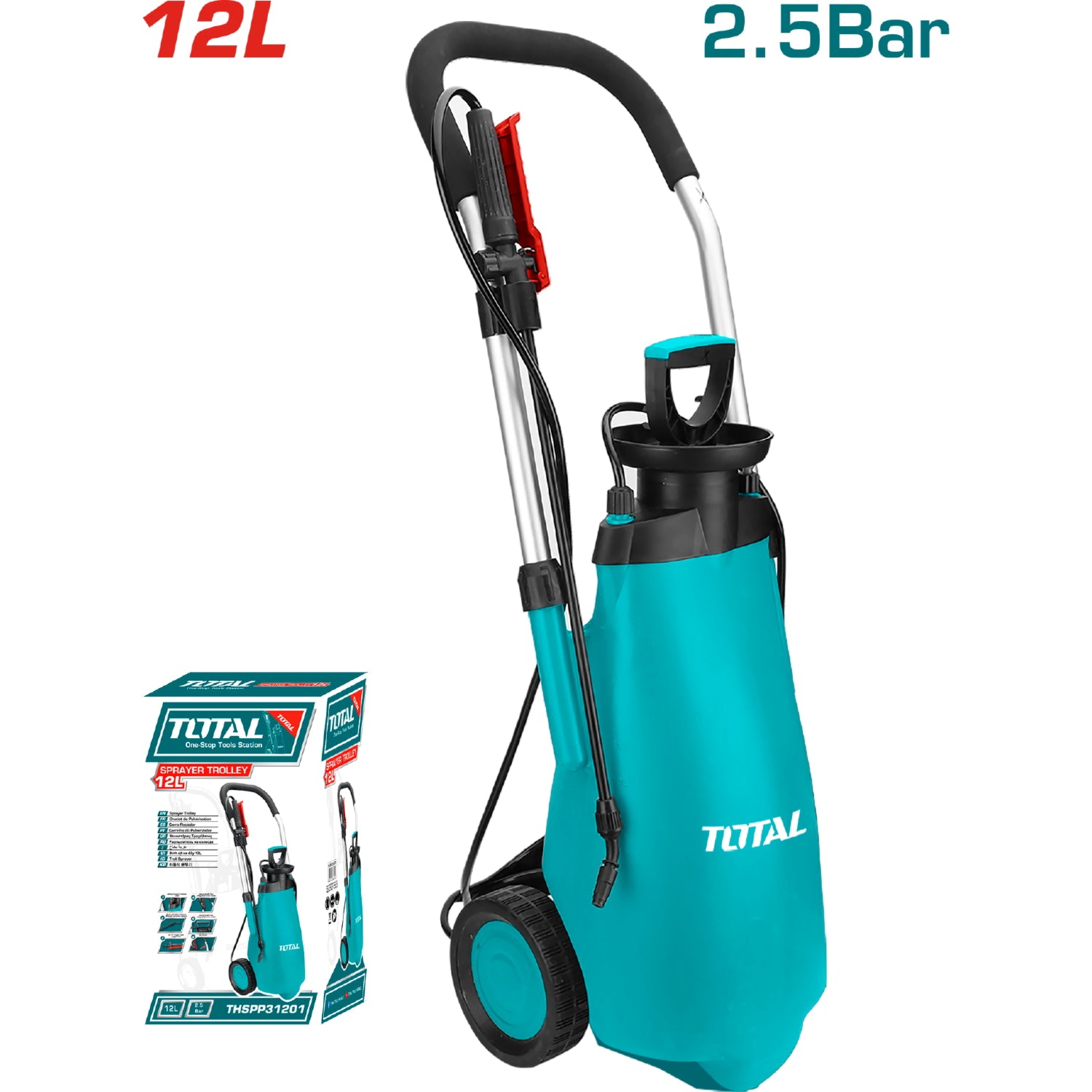 Bomba Rociador spray de presión 12 litros TOTAL TOOLS para fumigar con ruedas