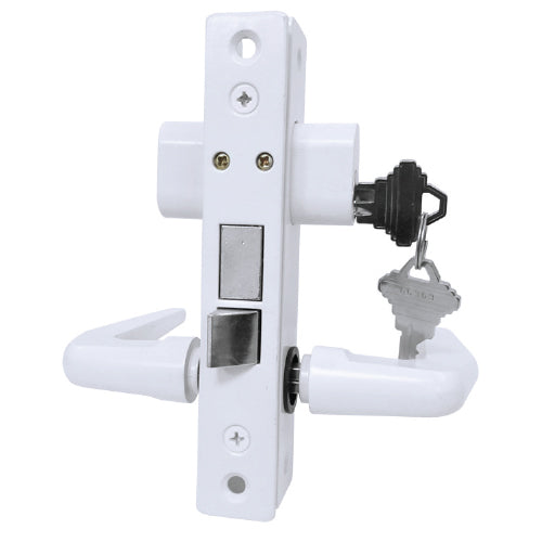 Set cerradura pestillo perfil angosto con manija. Blanco. llave ambos lados , 2 llaves, placa decora