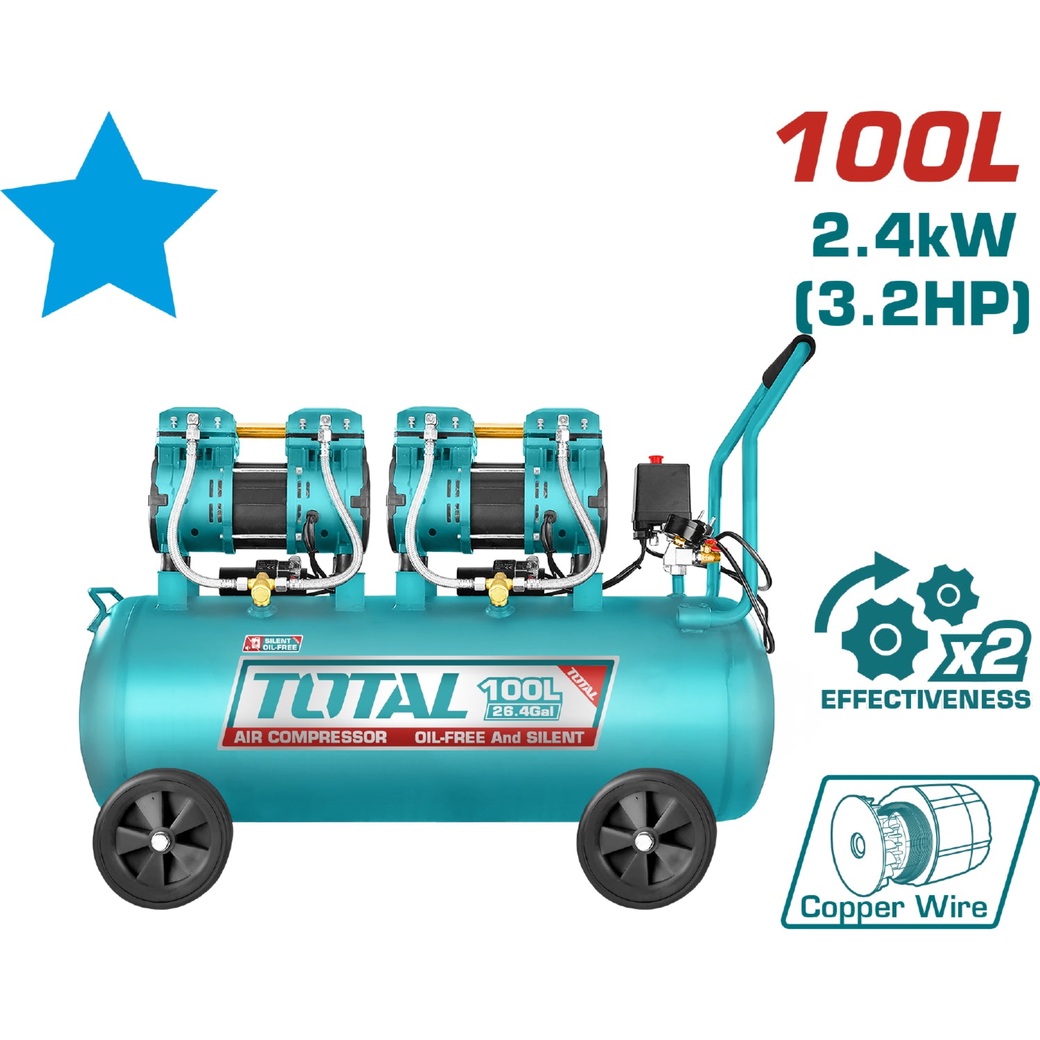 Compresor sistema de correa, 100L(26.4Gal) 2x1200W (3.2HP) Sistema sin aceite. Ruido: 75db