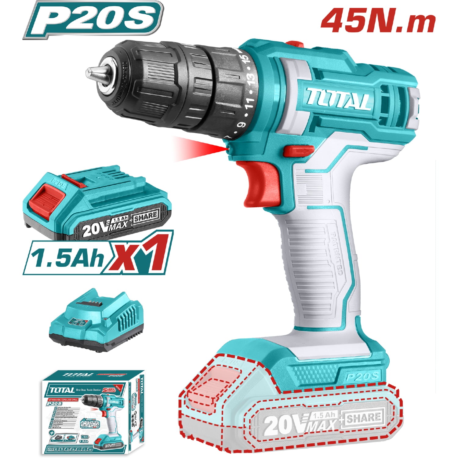 Taladro Drill  Inalámbrico de 20V. 1/32-3/8" 0-400/0-1500 rpm. 45NM. Incluye batería y cargador