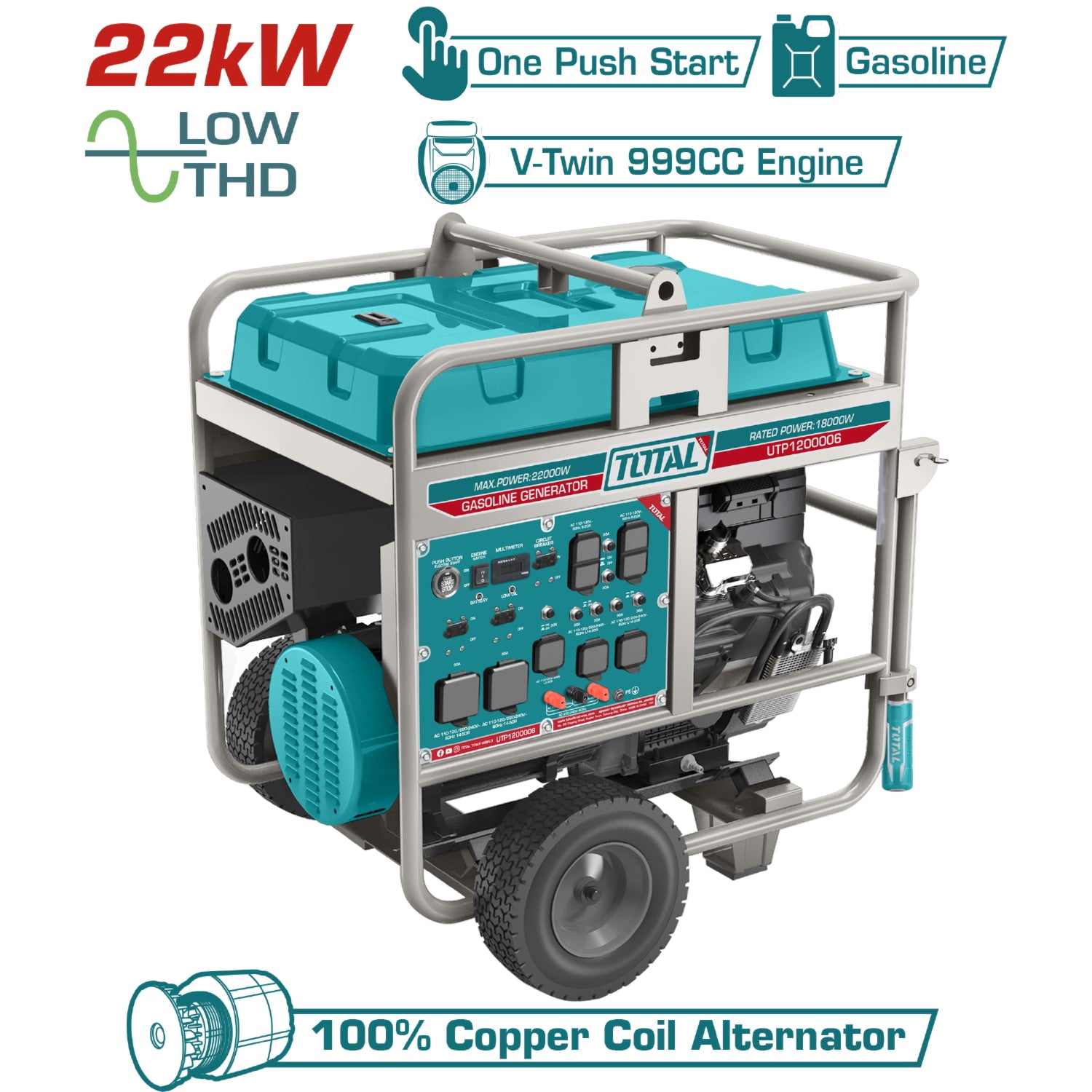 Generador a Gasolina 22,000 Watts 22kW 110-120V 60Hz 3600rpm 65L Motor 4 tiempos. Encendido de botón. Planta