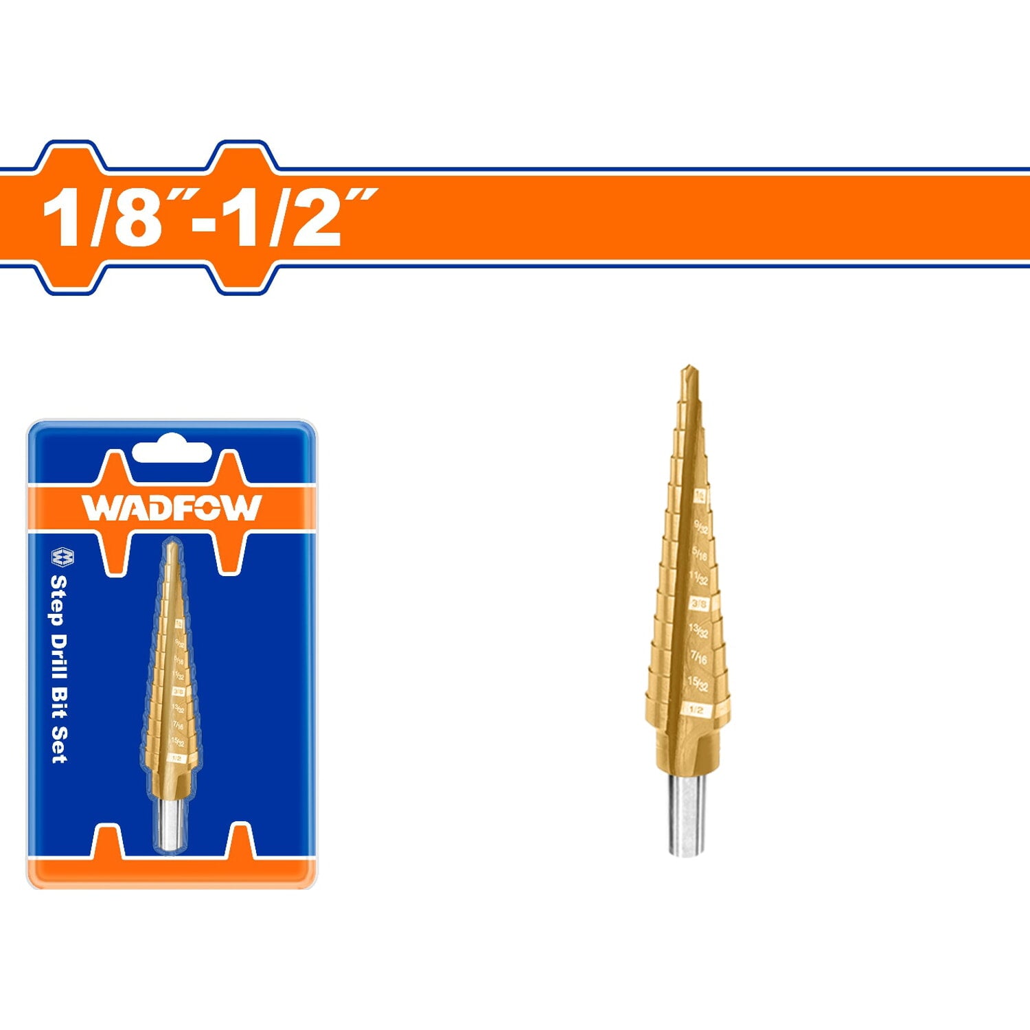 Broca escalonada 1/8"-1/2". Diámetro de vástago: 1/4". Pasos: 1/32".
