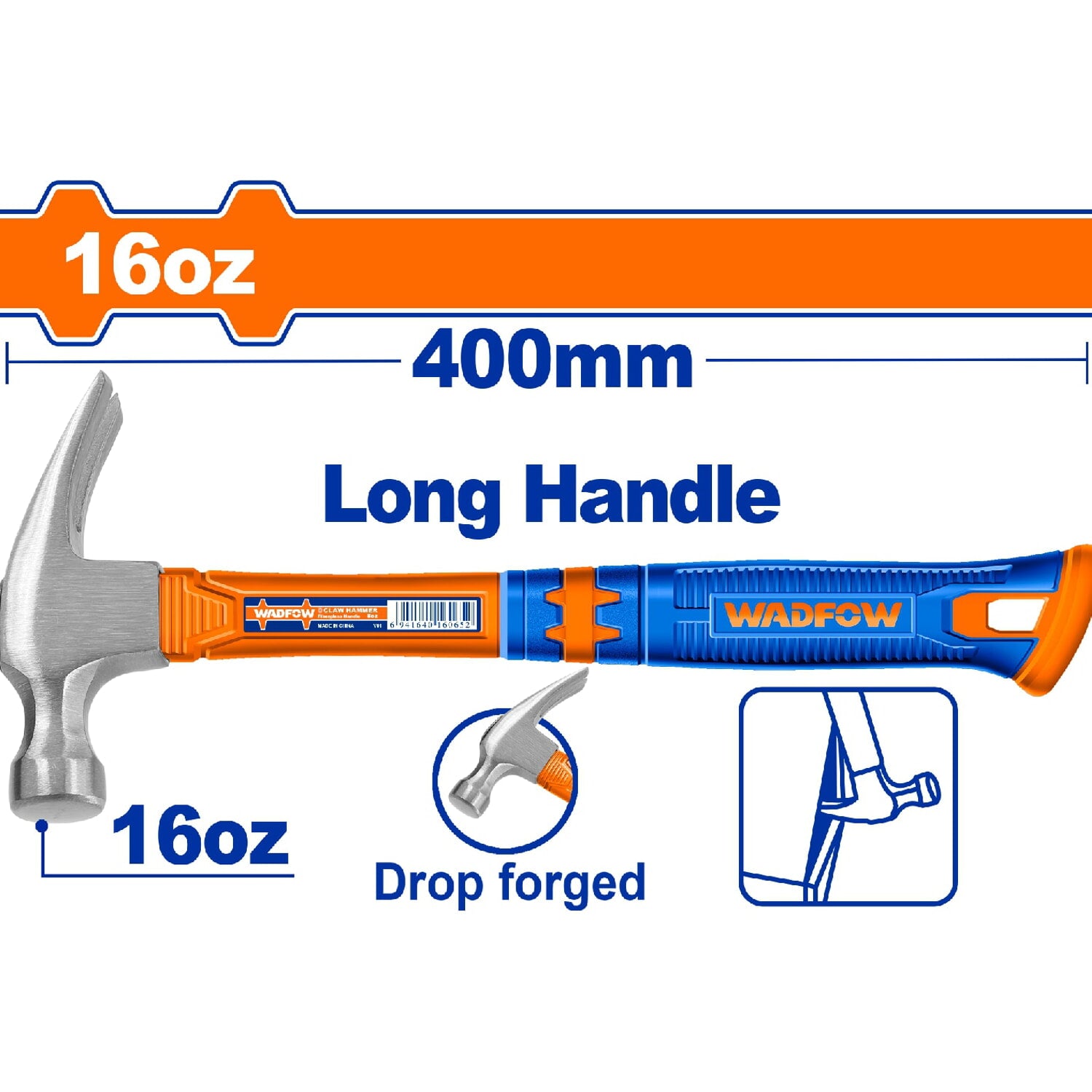 Martillo de Orejas Forjado 450g/16oz. Tratamiento térmico. Acero al carbono #45. Mango Largo 400mm