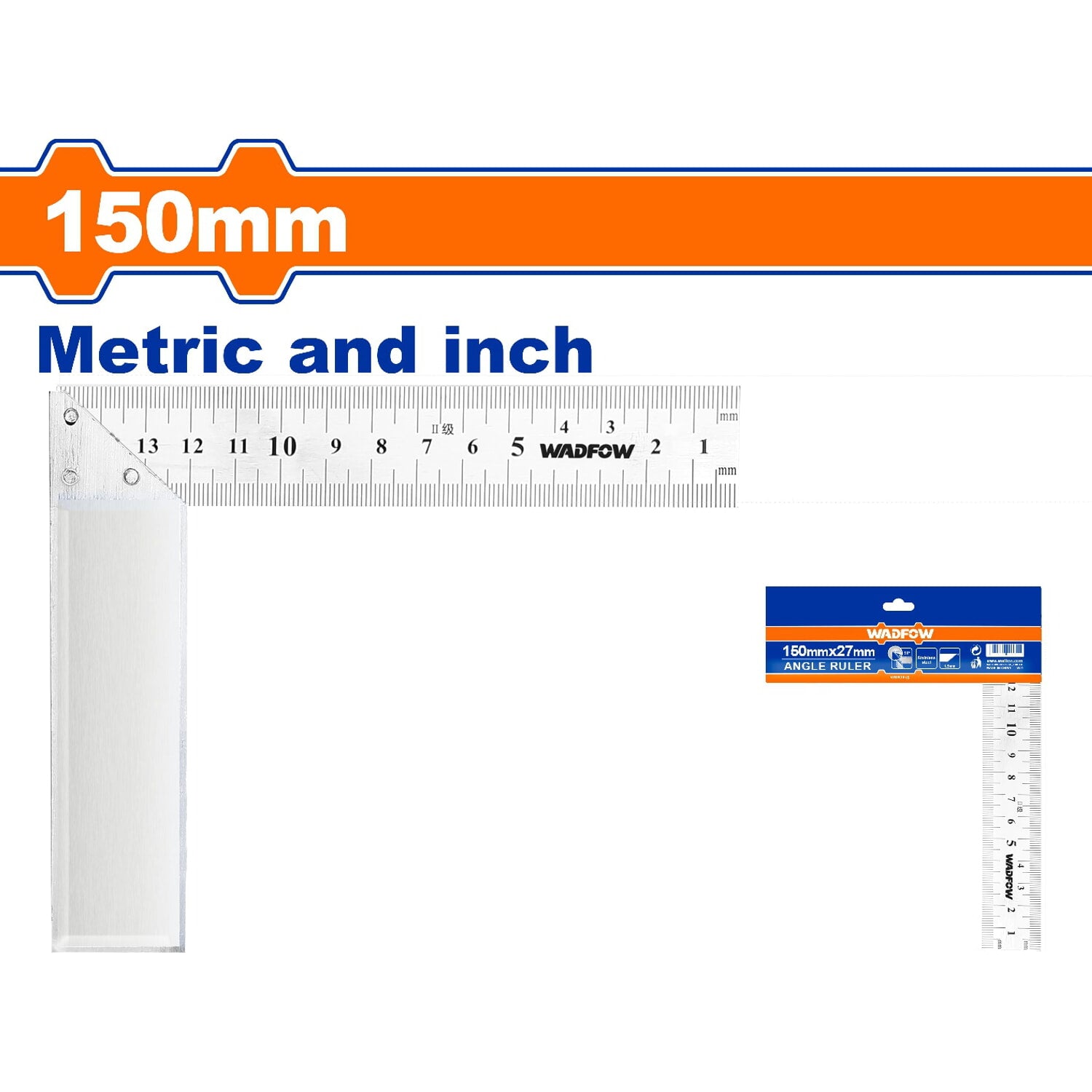 Escuadra en forma de L de Acero Inoxidable. 150mm(6"). Angulo 90º. Mide metros y pulgadas.