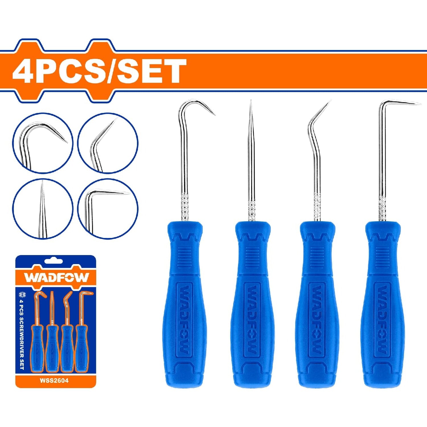 Picos y Ganchos con mango ergonómico. Acero al carbono. 1 gancho completo(Incluye 4 piezas)