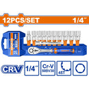 Dados socket ractchet 1/4" 12 pzs. CR-V. 45 dientes. (Incluye: socket, barra de extensión) Cromado (Set)