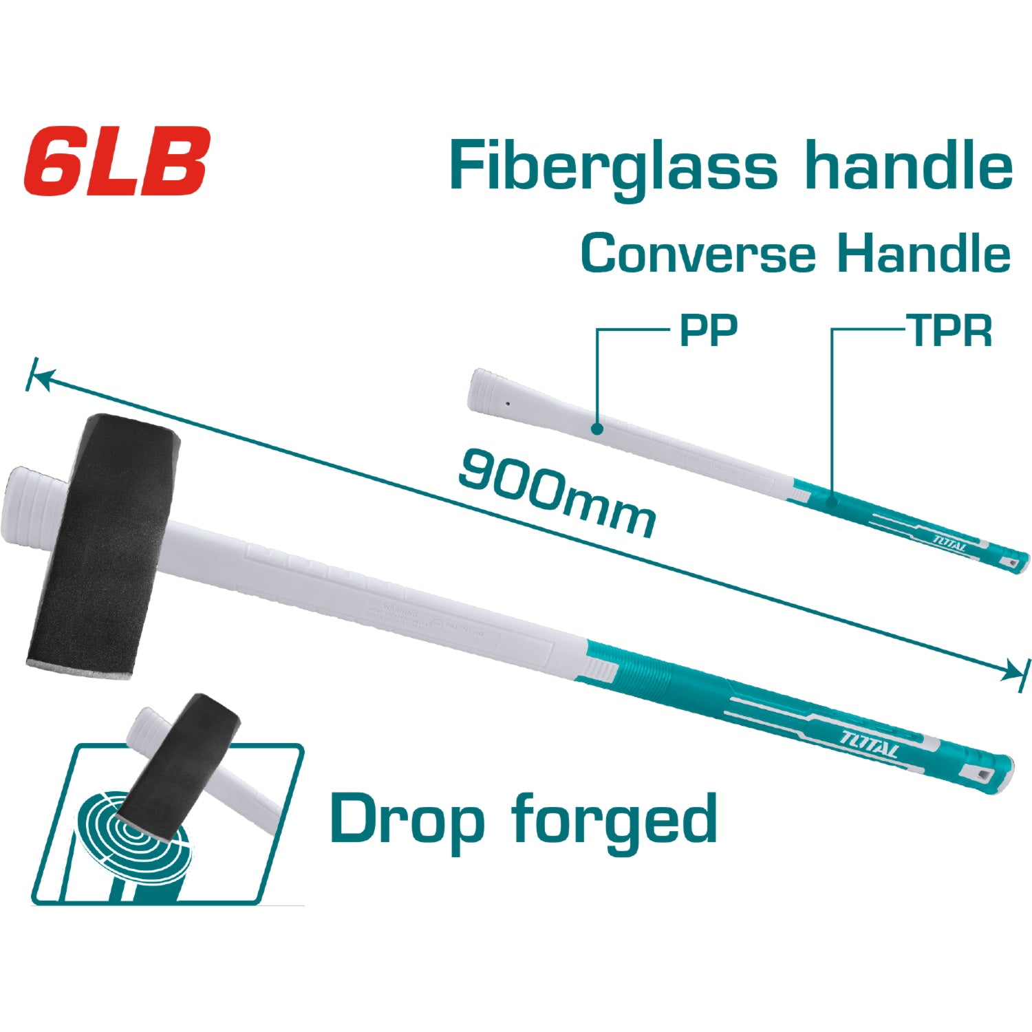 Mazo y hacha 6lb, Tratamiento térmico, Acero #45 Mango fibra vidrio.