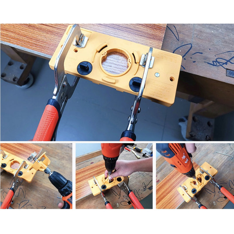 Set de plantillas con agujeros para bisagras ocultas en puertas de madera.