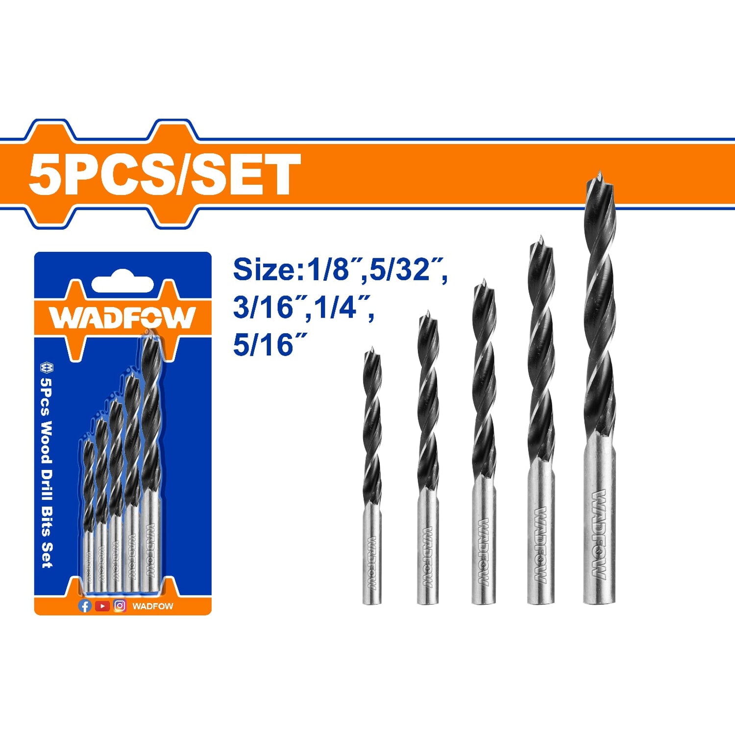 Brocas para madera tipo gusano. 5 pzas. Tamaños: 1/8",5/32",3/16",1/4", 5/16".