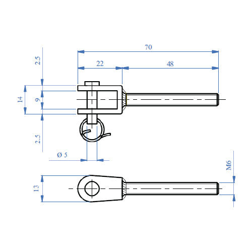 Terminal para cable 5 mm con pin removible .Macho rosca Derecha.AISI 304.