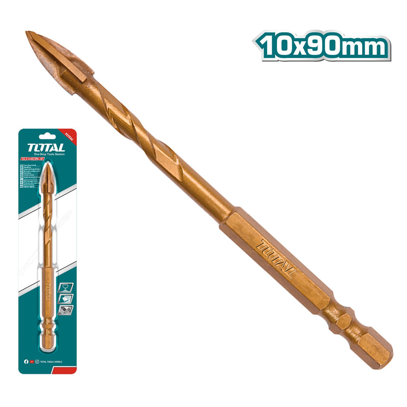 Broca punta fecha para vidrio y azulejos. 10x90mm. Vástago Hexagonal 1/4". Chapado en Titanio.
