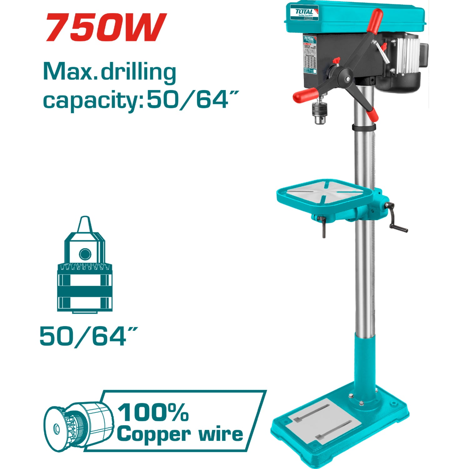 Taladro de banco 750W Capacidad 50/64". 250-3840rpm. 16 velocidades.  110-120V~60Hz.